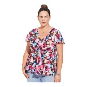 Torrid size 2 2x multicolor floral twist front top short sleeve shirt bright fun